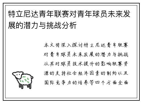 特立尼达青年联赛对青年球员未来发展的潜力与挑战分析
