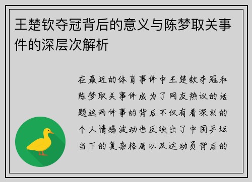 王楚钦夺冠背后的意义与陈梦取关事件的深层次解析 王楚钦夺冠背后的意义与陈梦取关事件的深层次解析
